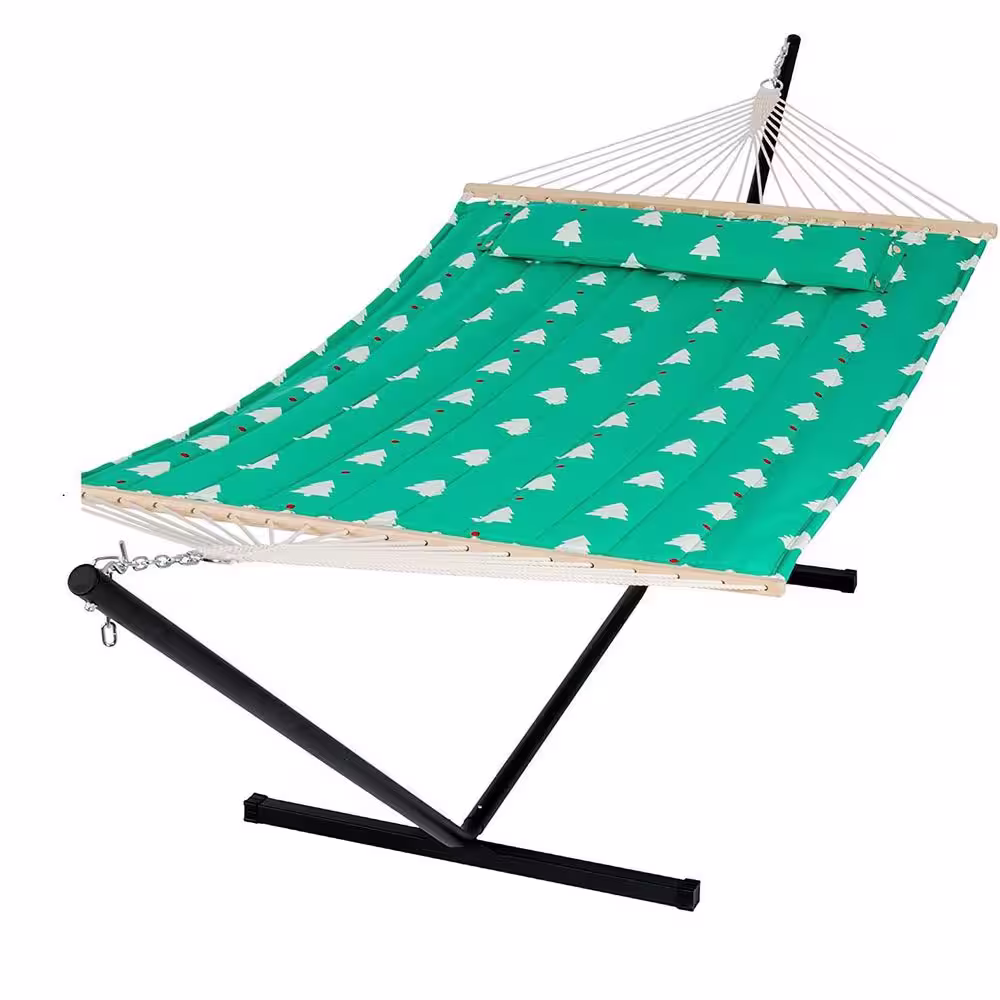 Atesun 12 ft. Free Standing, 475 lbs. Capacity, Heavy-Duty 2-Person Hammock with Stand and Detachable Pillow in Green and white