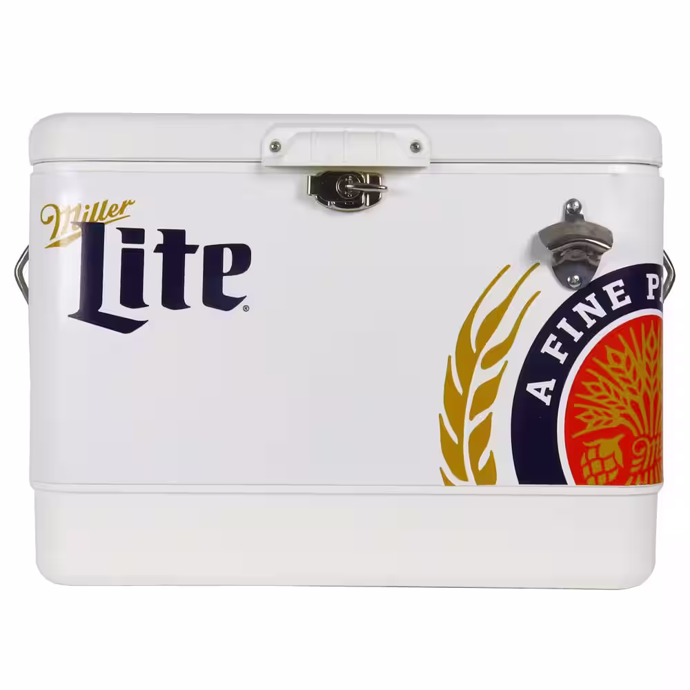 Koolatron Miller Lite Ice Chest Beverage Cooler with Bottle Opener 51L (54 qt.) 85 Can Capacity White and Blue
