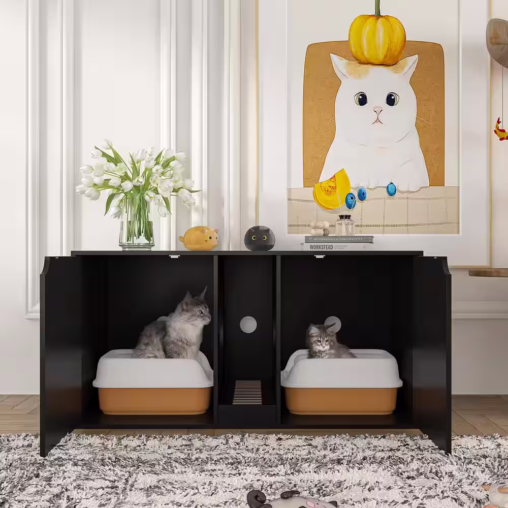 None Large Cat Litter Box Enclosure for 2 Cats, Indoor Wood Stackable Cat Washroom Cabinet Bench End Table Furniture, Black