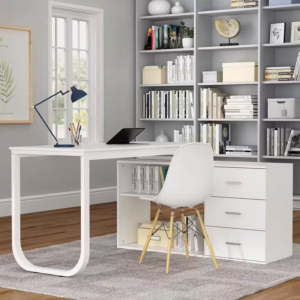 None 55.1 in. L-Shaped White Wood Computer Desk Writing Desk Office Executive Desk W/Removable Tabletop, Shelves, 3-Drawers