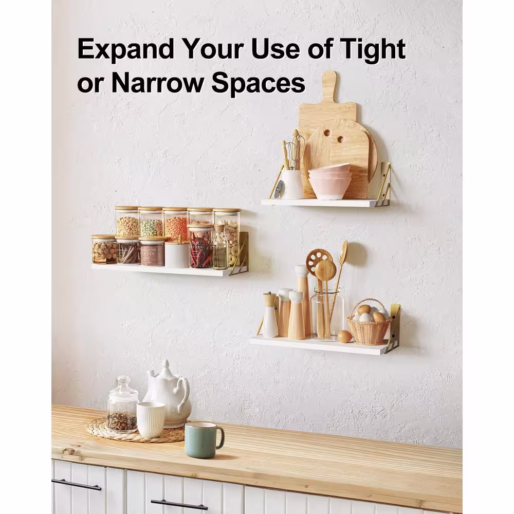 None 16.5 in. W x 5.5 in. D White-Gold Rustic Wood Decorative Wall Shelf Set of 3