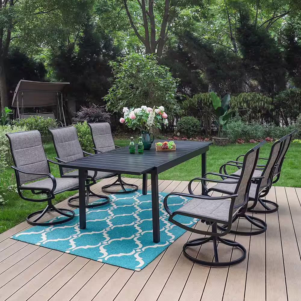 PHI VILLA Black 7-Piece Metal Outdoor Patio Dining Set with Extendable Table and Padded Textilene Swivel Chairs