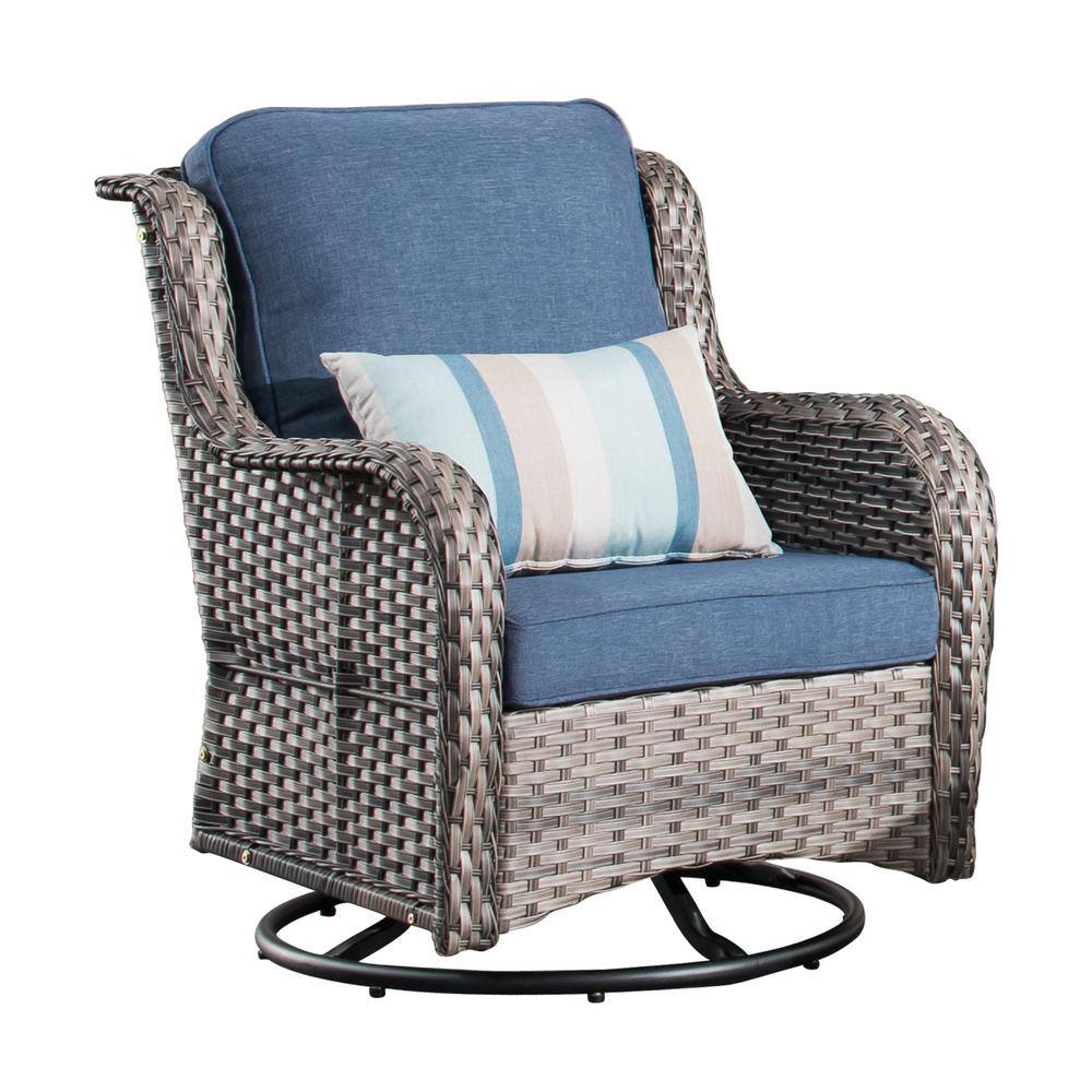 XIZZI Moonlight Gray 3-Piece Wicker Patio Conversation Seating Sofa Set with Denim Blue Cushions and Swivel Rocking Chairs
