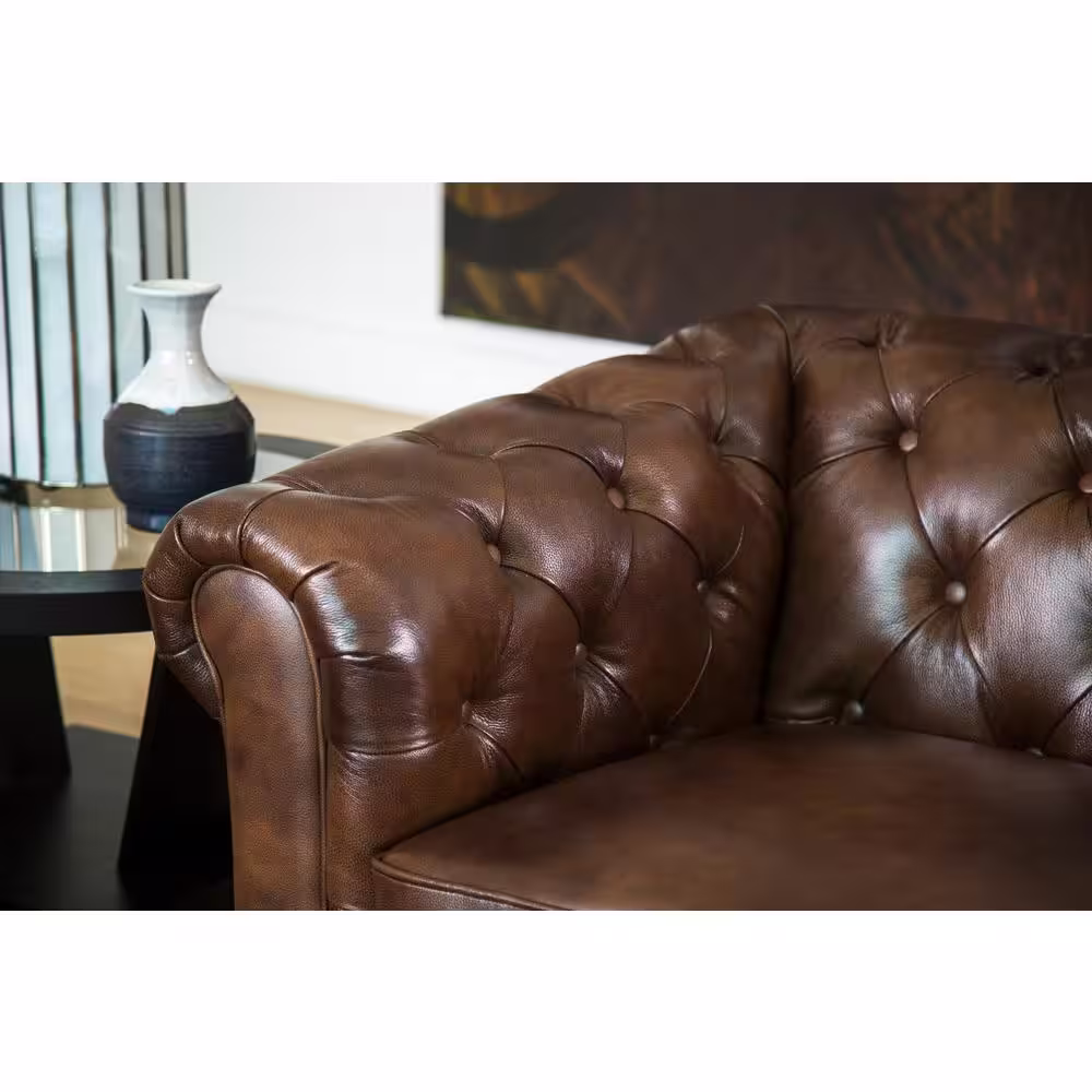 DEVONÂ &Â CLAIRE 84 in. W x 39 in. D x 30 in. H Tony Tufted Leather Sofa in Brown