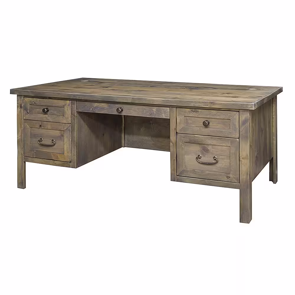 Bridgevine Home Joshua Creek 69 in. Rectangle Barnwood Wood 5-Drawer Executive Desk