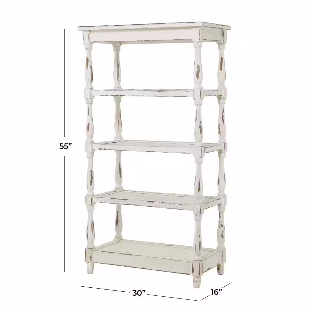 Litton Lane 5 Shelf Wood Stationary White Distressed Open Shelving Unit with Spindle Sides and Mesh
