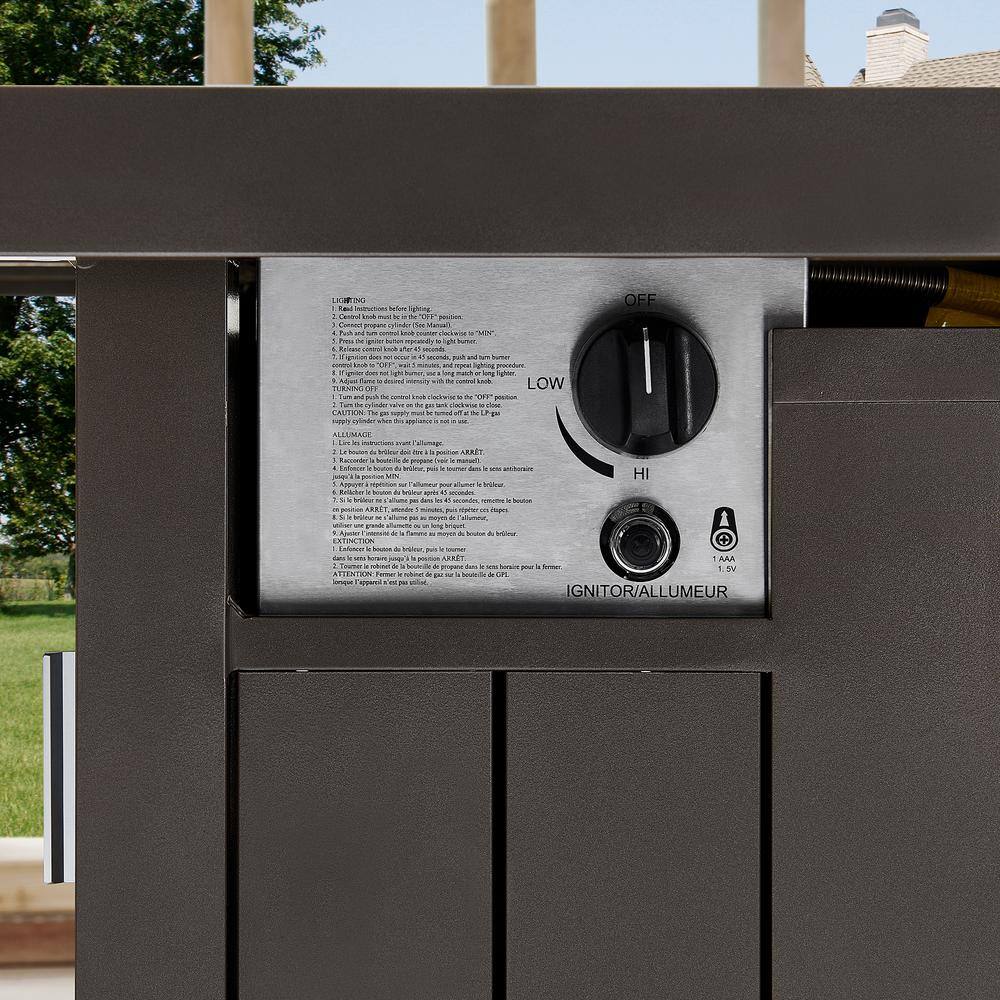 Hampton Bay Belize 51 in. W x 25 in. H Rectangle Aluminum Liquid Propane Fire Pit in Dark Brown