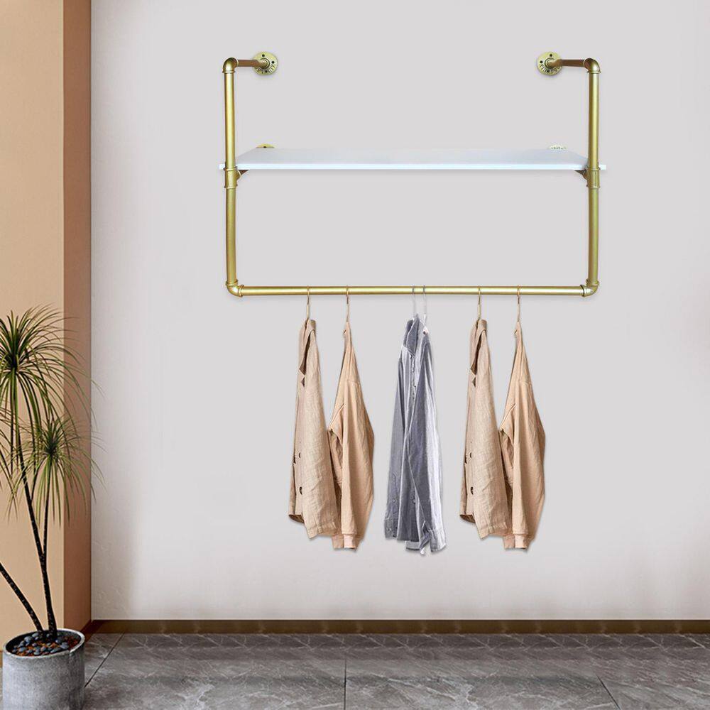None Gold Iron Wall Mounted Clothes Rack with Shelves 37 in. W x 26.4 in. H