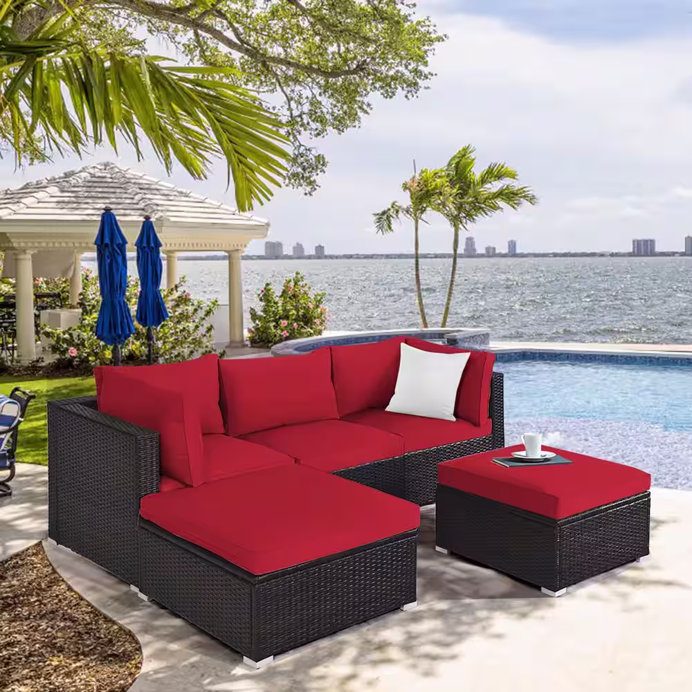 Costway 5-Piece Wicker Patio Conversation Sectional Seating Set with Red Cushions