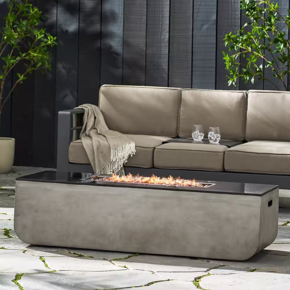 Noble House Delphine Light Grey and Grossy Black Rectangular Stone Fire Pit (No Tank Holder)