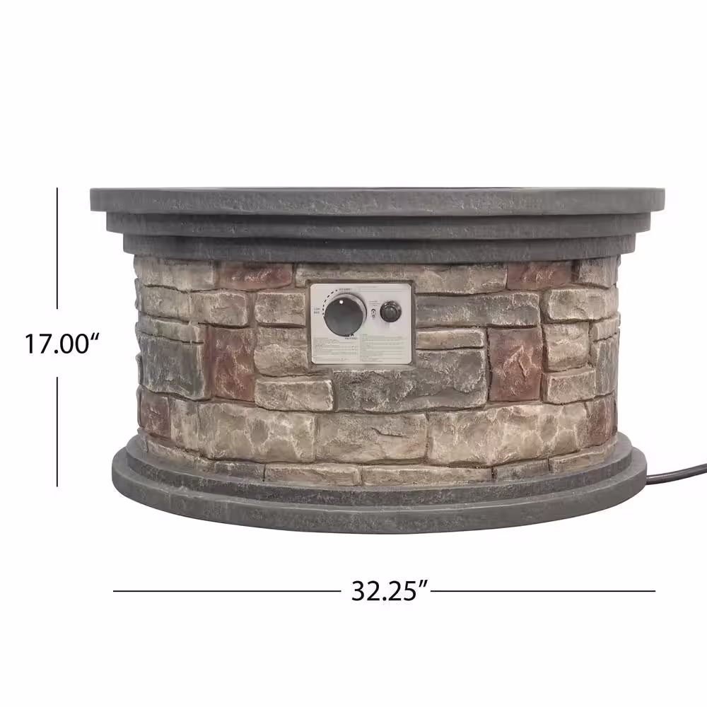Noble House Chesney 16.25 in. x 19.75 in. Round Concrete Propane Fire Pit in Mixed Brown with Tank Holder