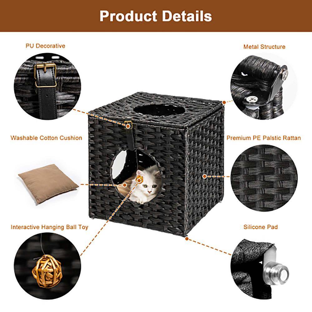 Foobrues Rattan Cat Litter Cat Bed Cat House in Black
