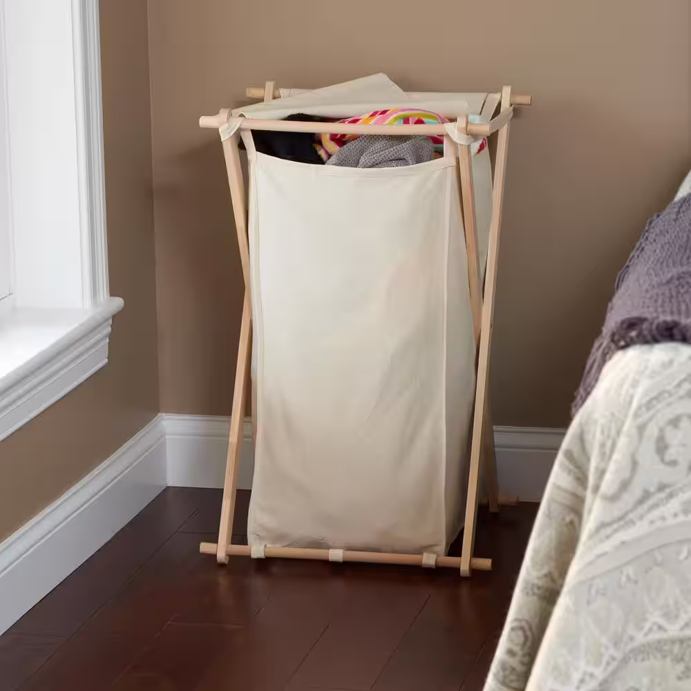 HOUSEHOLD ESSENTIALS Natural Cream, Collapsible, Polycotton, Laundry Hamper, Wood X-Frame