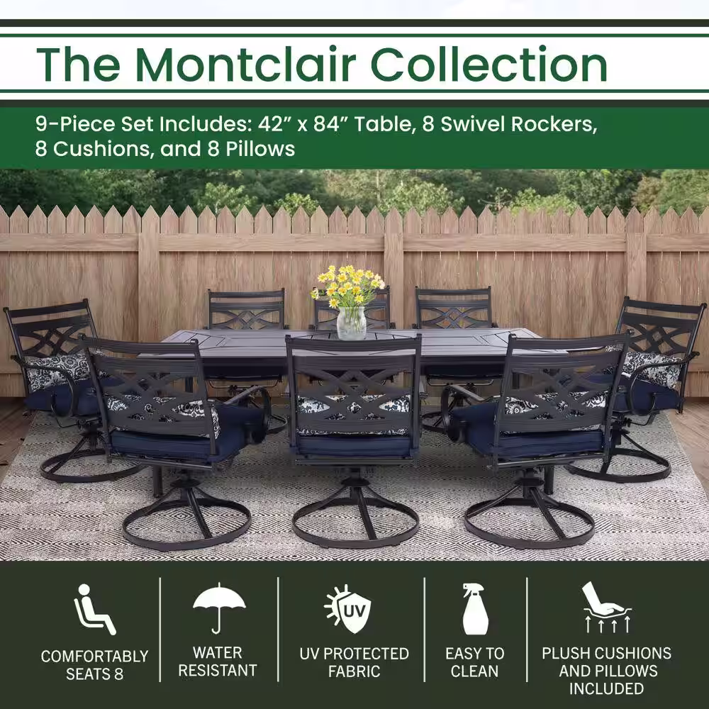 Hanover Montclair 9-Piece Steel Outdoor Dining Set with Navy Blue Cushions, 8 Swivel Rockers and 42 in. x 84 in. Table