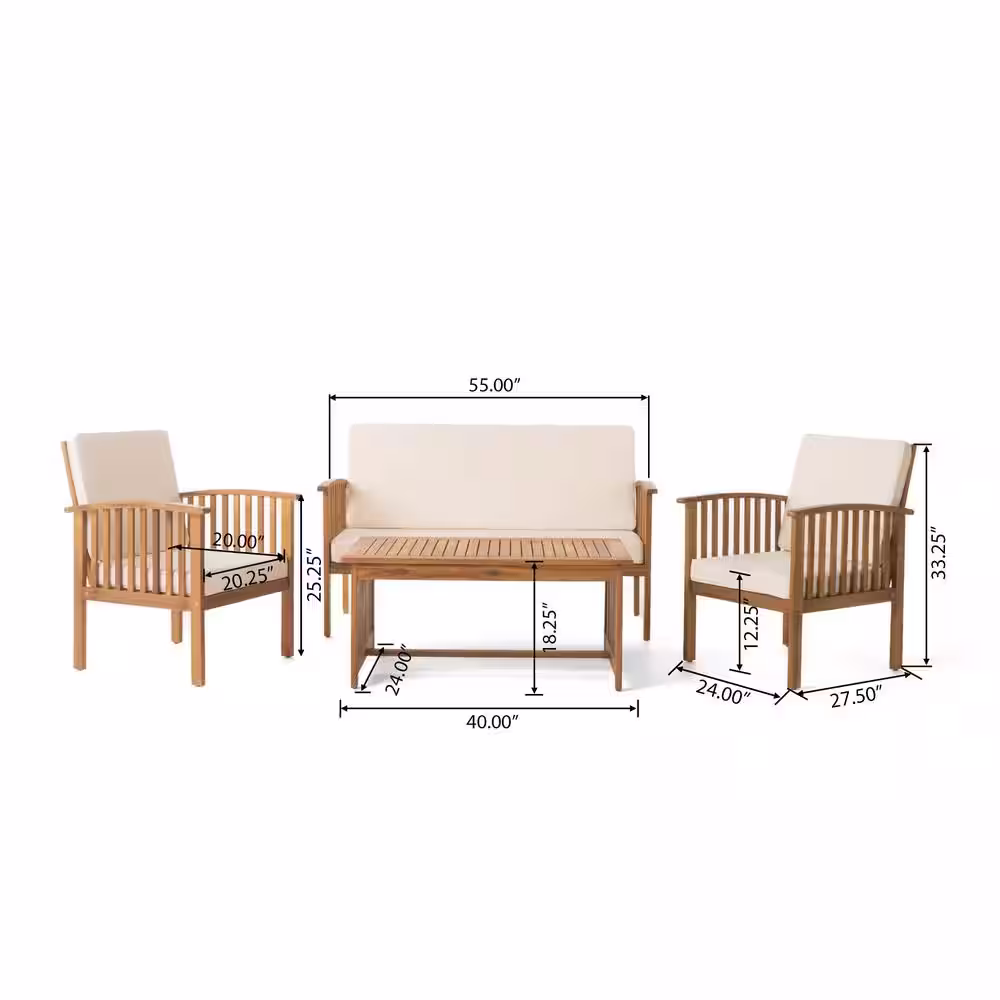Noble House Carolina Brown 4-Piece Wood Patio Conversation Set with Beige Cushions