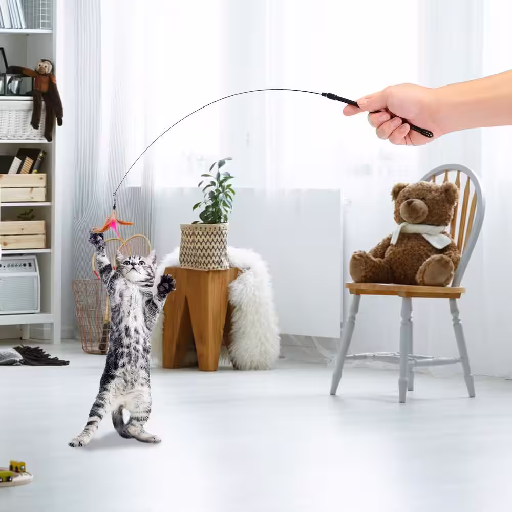 None Cat Feather Toys Wand Rod Interactive Cat Spring Bell Play Toys