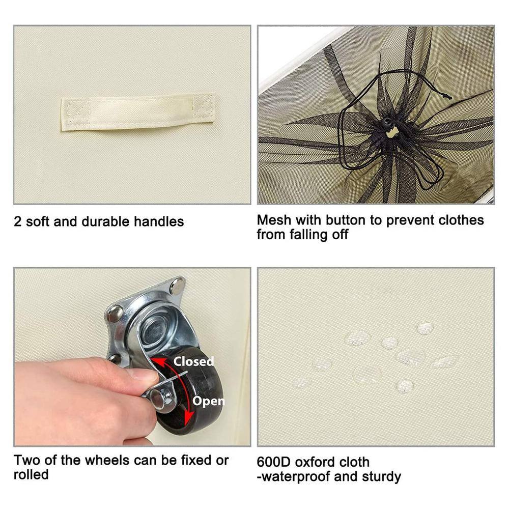 None 90L Fabric Laundry Basket Hamper with Beige Wheels