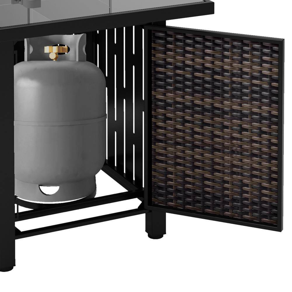 None 43 in. Dark Brown Rectangular Rattan Propane Gas Fire Pit Table 50,000-BTU with Ceramic Tabletop Water-Resistant Cover