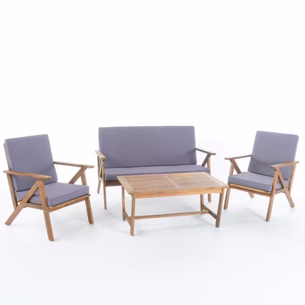 Noble House Panama Teak Finish 4-Piece Wood Patio Conversation Set with Grey Cushions