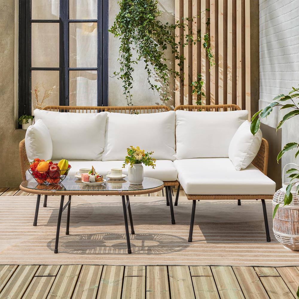 None Boho 3-Piece L Shape Handwaven Wicker Patio Conversation Set with Round Table and Off White Cushion