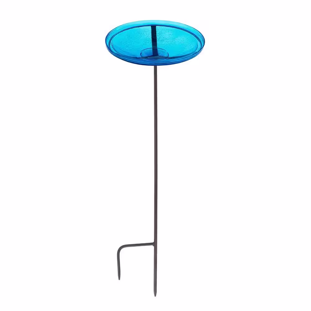 Achla Designs 14 in. Dia Teal Blue Reflective Crackle Glass Birdbath Bowl with Stake