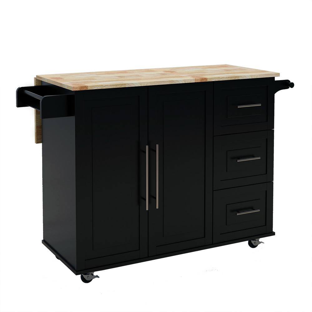 Tileon Black Kitchen Island with Spice Rack Towel Rack and Extendable Solid Wood Tabletop