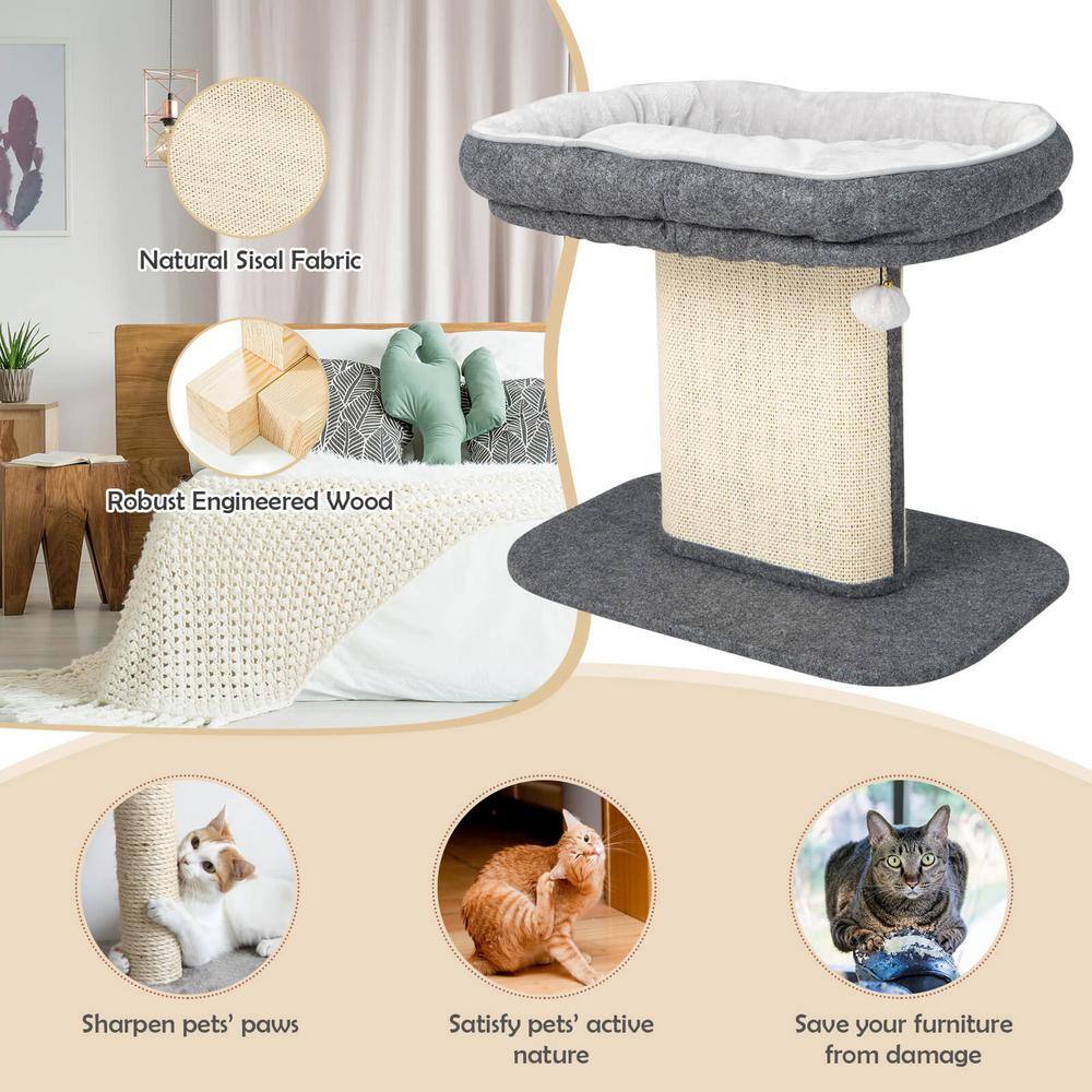 ANGELES HOME Gray Wood Modern Cat Tree Tower with Large Plush Perch and Sisal Scratching Plate