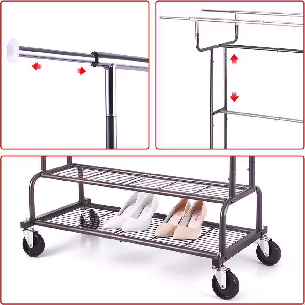 None Silver Metal Garment Clothes Rack With Double Rod 38 in. W x 62 in. H
