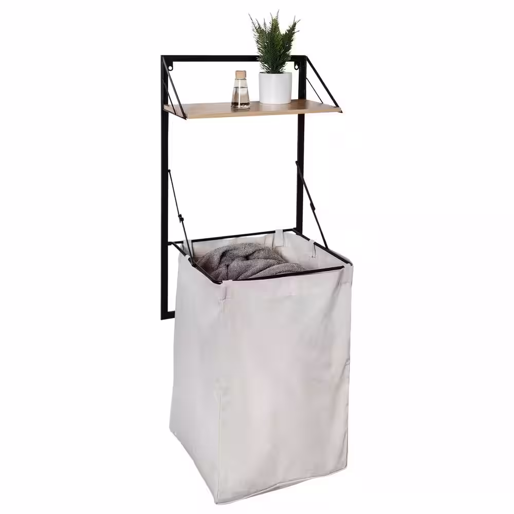 Honey-Can-Do 55 in. H x 18 in. W Collapsible Wall-Mounted Clothes Hamper with Canvas Laundry Bag and Wood Shelf, Black/Natural
