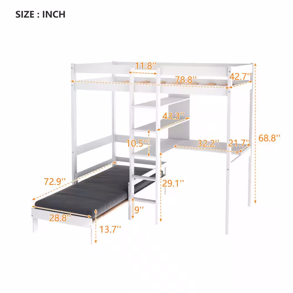 wetiny White Convertible Loft Bed with L-Shape Desk Twin Bunk Bed with Shelves and Ladder