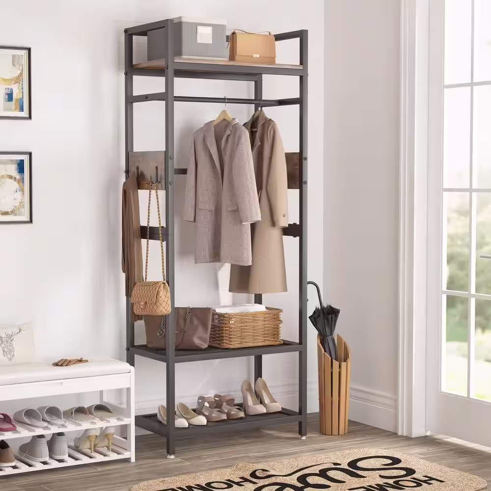 None Carmalita Brown 69.29 in. Industrial Hall Tree Entryway Coat Rack with Shoe Storage Shelf and Hooks