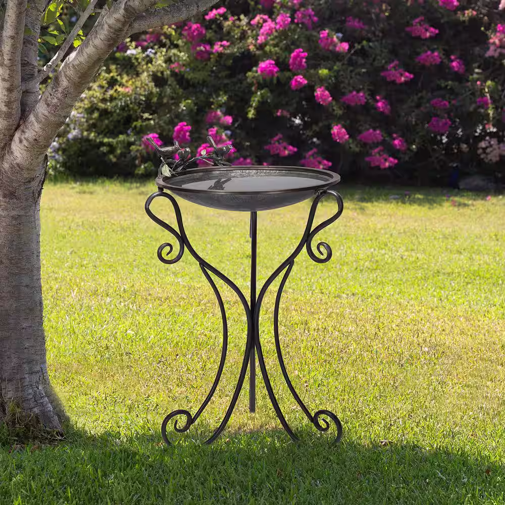 Alpine Corporation 36 in. Tall Outdoor Antique Style Galvanized Metal Birdbath Bowl with Bird Figurines