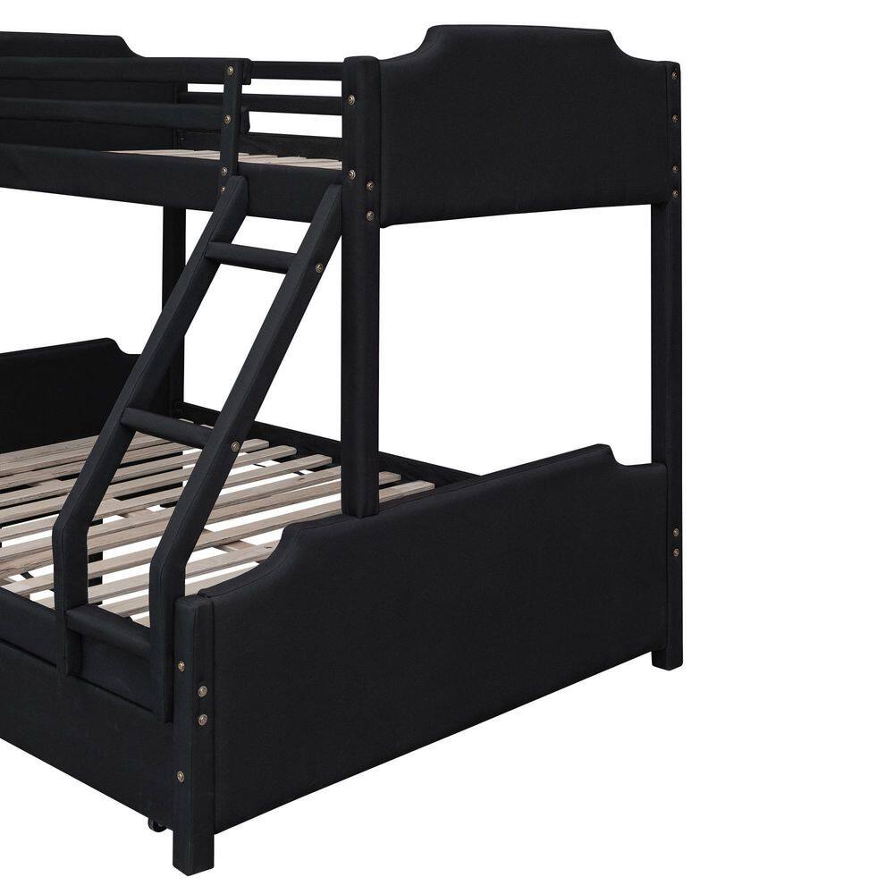 Harper & Bright Designs Black Twin over Full Upholstery Bunk Bed with Ladder, Slide and 2 Drawers