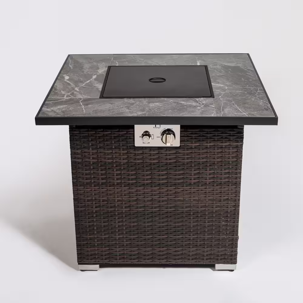 Tunearary Wicker Steel Outdoor Fire Pit Table with Lid, Glass Rocks, Waterproof Cover