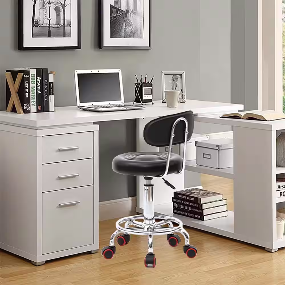 None 34 in. Height Black PU Leather Seat Adjustable Salon Stool with Back Office Rolling Chair