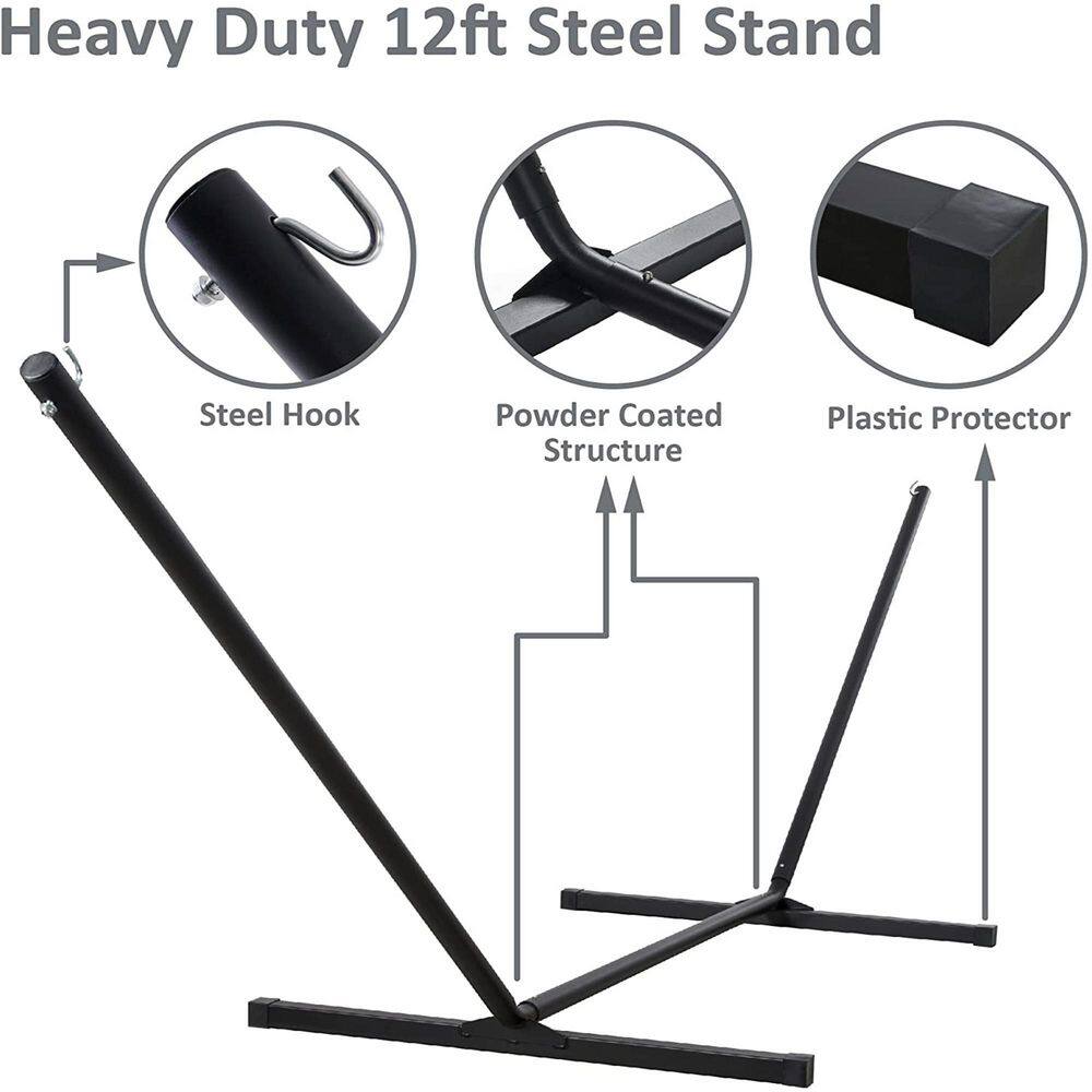 Atesun 12 ft. Free Standing, 475 lbs. Capacity, Heavy-Duty 2-Person Hammock with Stand and Detachable Pillow in Green and white