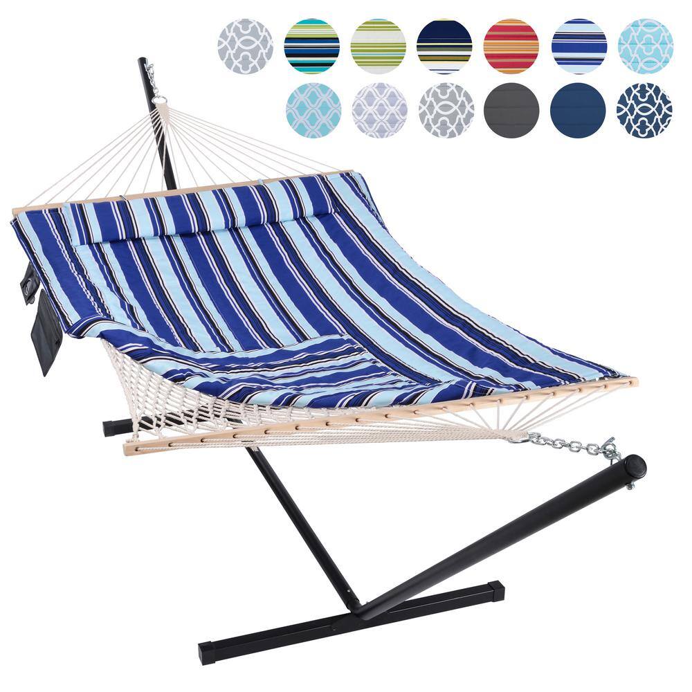 Atesun 10 ft. x 12 ft. Quilted Rope Hammock and 12 ft. Steel Stand with Detachable Pillow, Blue Stripe
