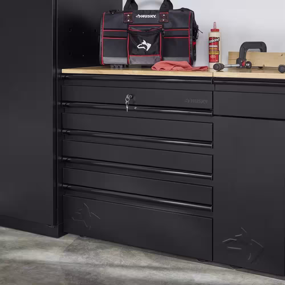 Husky Extra Wide Heavy Duty Welded 18-Gauge Steel 5-Drawer Garage Base Cabinet in Black (32 in. W x 33 in. H x 21.5 in. D)