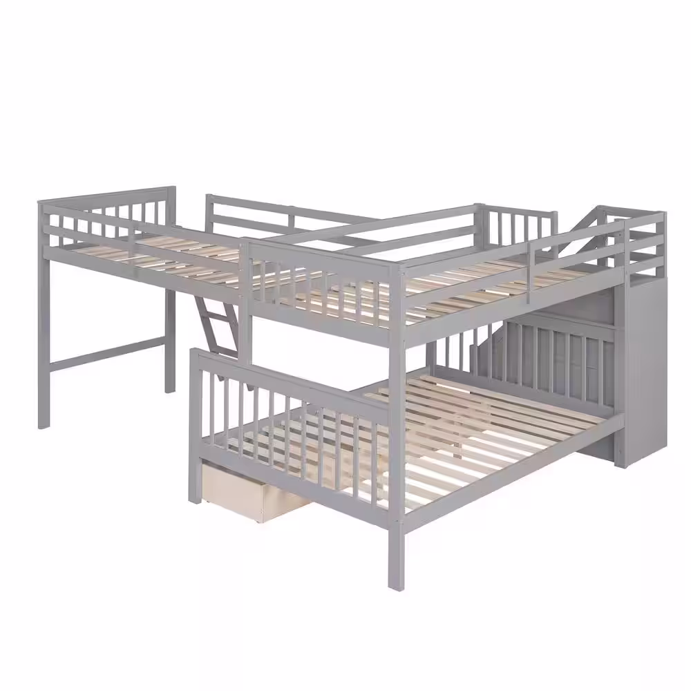 Qualler Gray Twin Over Full L-Shaped Bunk Bed With 3-Drawers and Staircase