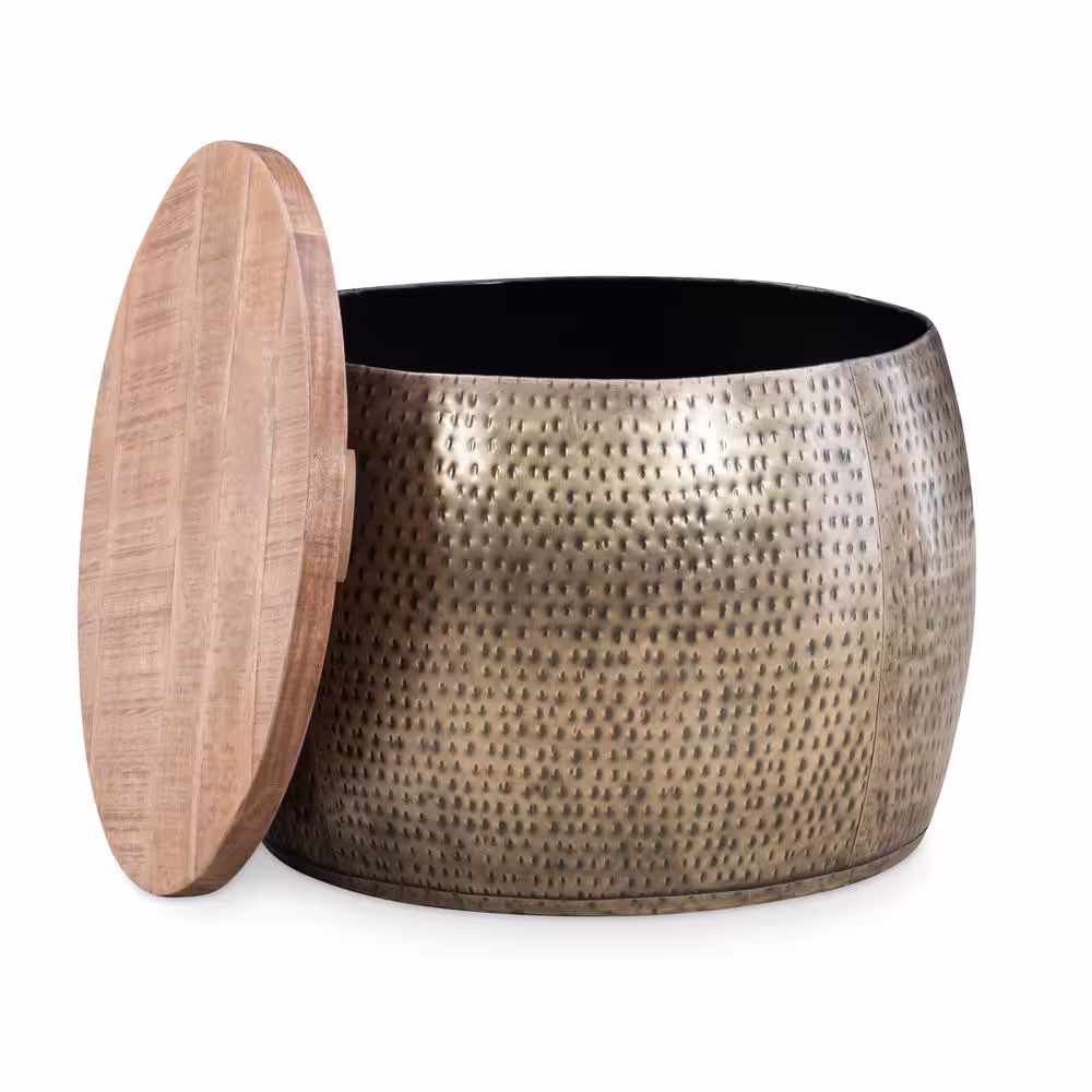 Powell Company Wagner 25 in. Brown/Gold Medium Round Wood Coffee Table with Lift Top