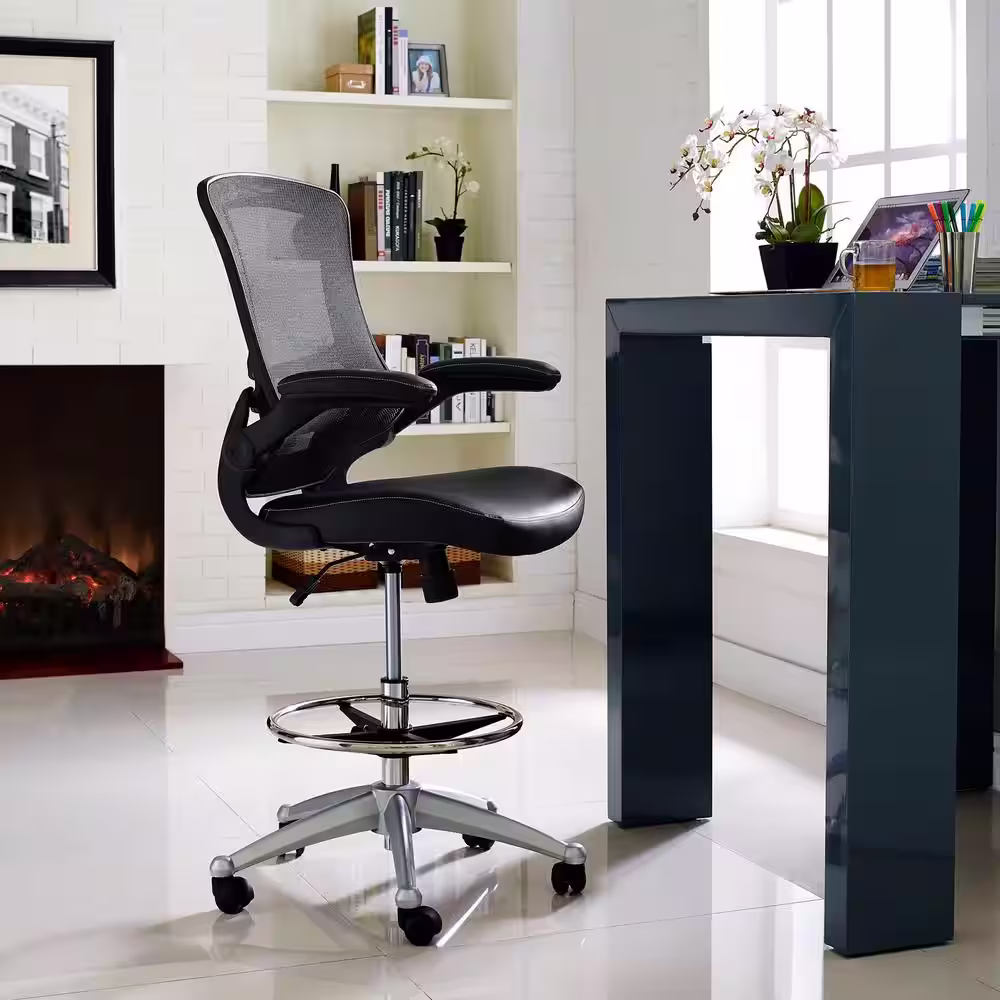 MODWAY Attainment 26.5 in. Width Big and Tall Black Vinyl Drafting Chair with Swivel Seat