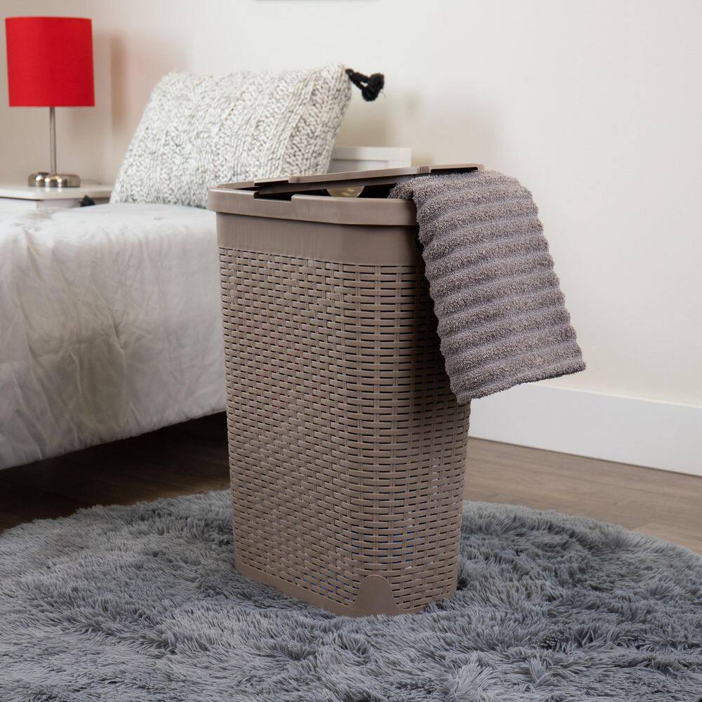 Mind Reader Basket Collection, Slim Laundry Hamper, 40 Liter (15kg/33lbs) Capacity, Cut Out Handles, Attached Hinged Lid, Tan