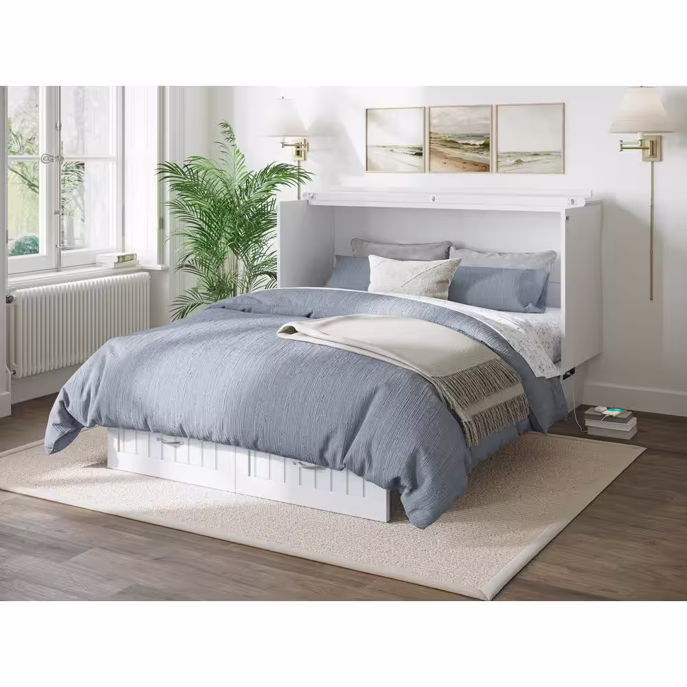 AFI Nantucket Murphy Bed White Queen Chest with Charging Station and Coolsoft Mattress