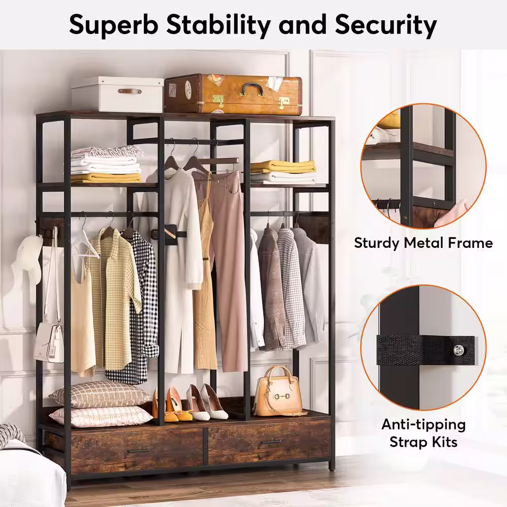 None Billie Dark Brown Closet Rack with 2-Drawers, 2-Shelves and 6 Hooks