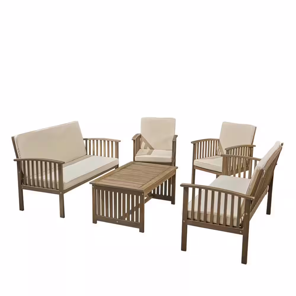 Noble House Carolina Grey 5-Piece Wood Patio Conversation Set with Cream Cushions