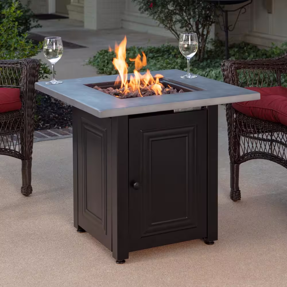 FIRE ISLAND The Wakefield 28 in. x 24.8 in. Square Steel Base Resin Mantel LP Gas Fire Pit Table in Concrete Grey and Black