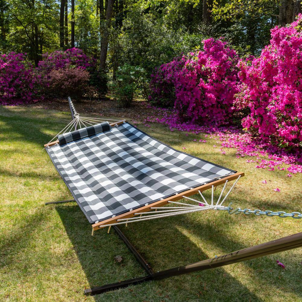 Castaway 11 ft. Quilted 1-Person Hammock with Stand and Detachable Pillow, Black and White Checkered Pattern