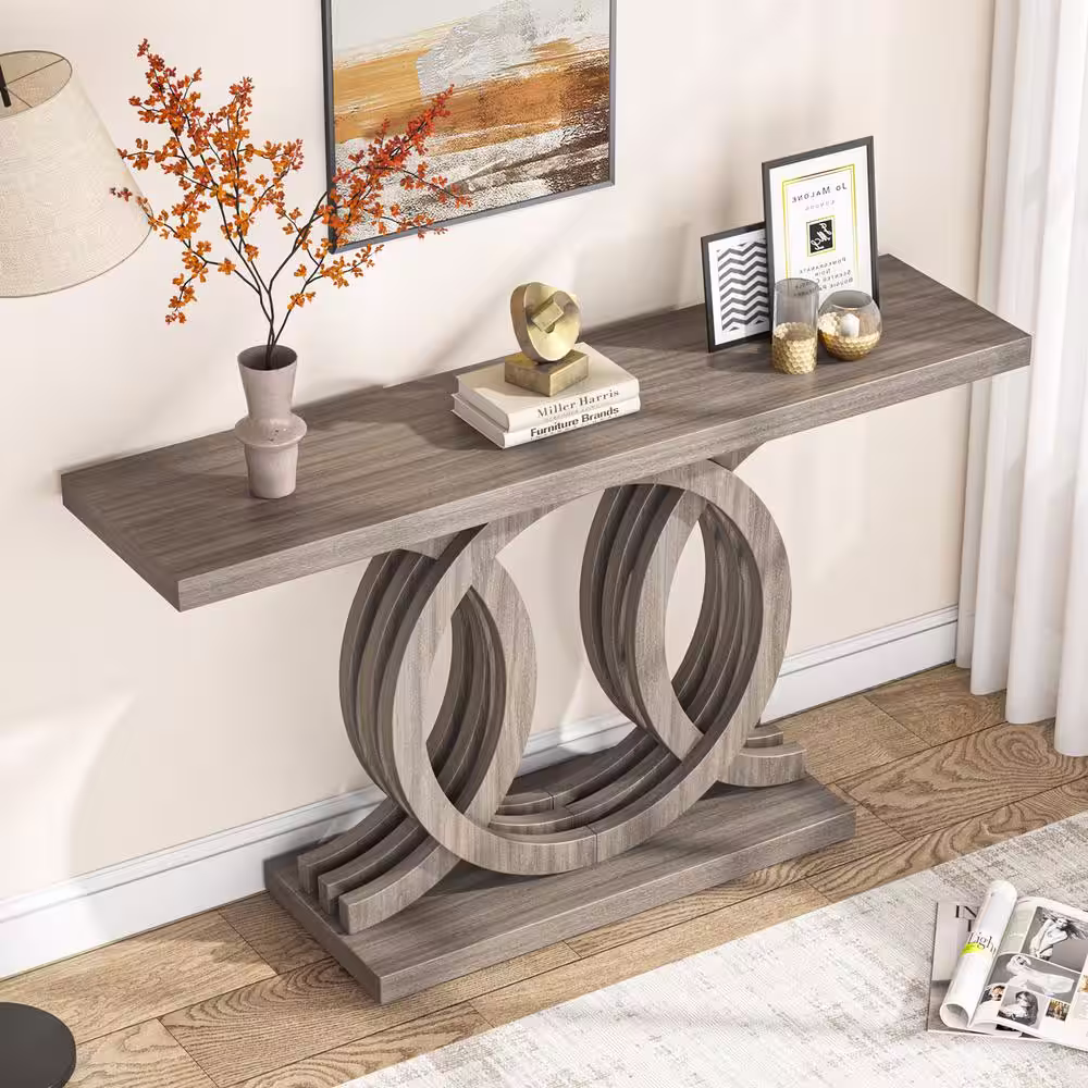 Tribesigns Catalin 55 in. Gray Rectangular Wood Console Table with Geometric Base