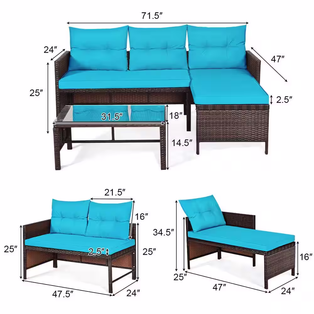 Costway Island 3-Piece Wicker Patio Conversation Set with Turquoise Cushions
