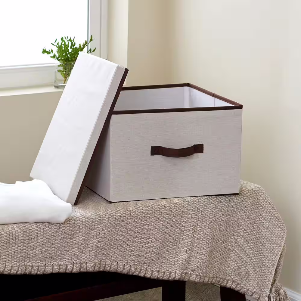 HOUSEHOLD ESSENTIALS 14.5 Gal. Square Natural Canvas Storage Box With Decorative Brown Trim with Lid